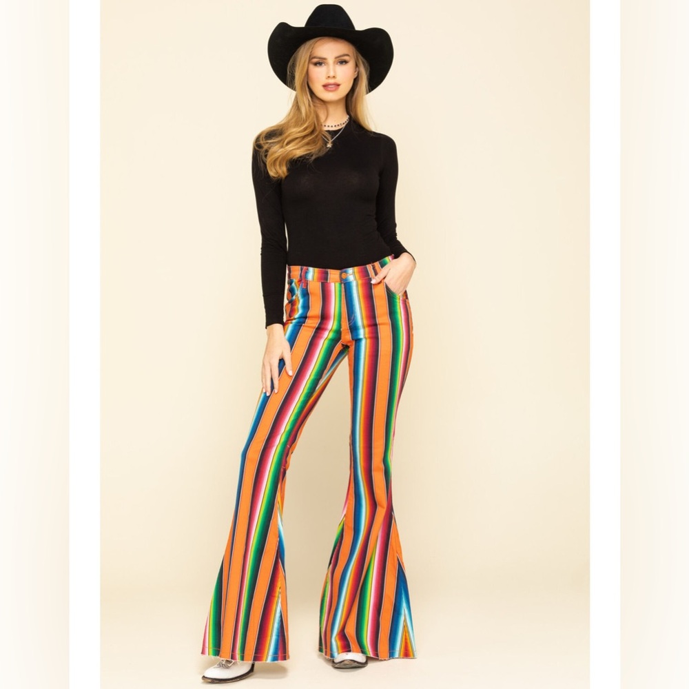 New Ranch Dressn Fallon Taylor Orange Serape Super Flares Flare Denim Jeans 00 - Picture 4 of 12